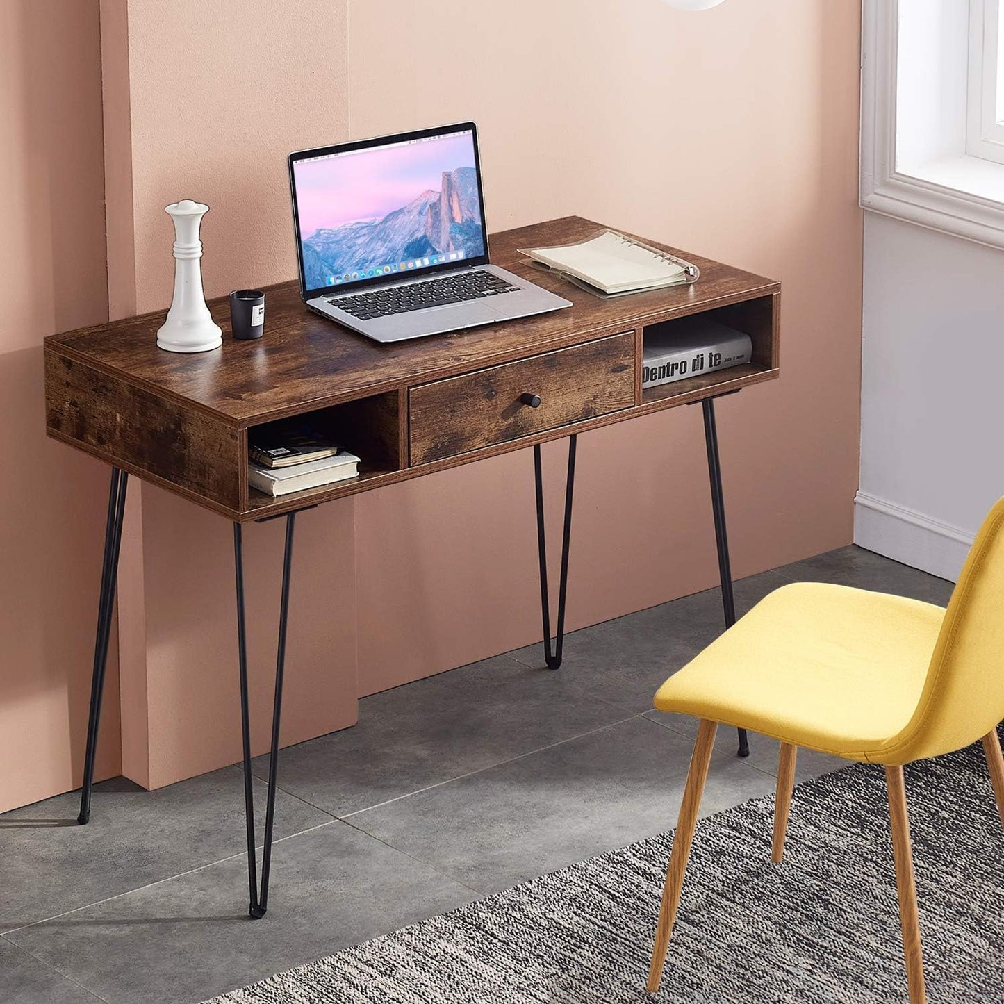 VECELO 39.3" Home Office Work Table with Drawers,Computer Desk with Hairpin Leg for Writing/Study,Classic Brown