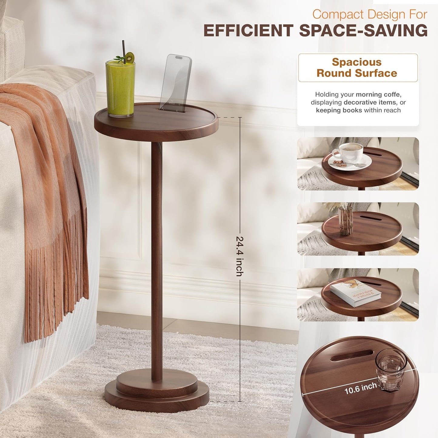 BLUEWEST Drink Table, 24.4" Tall Compact Side Table with Phone Slot and Weighted Base, Durable Pedestal Table Accent for Living Room, Bedroom, or Office, Martini and Cocktail