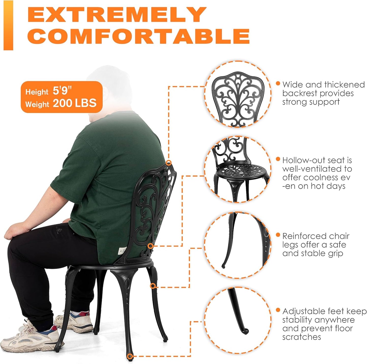 NUU GARDEN 3 Piece Bistro Set Outdoor, All Weather Cast Aluminum Patio Bistro Sets Patio Table and Chairs Set of 2 with Umbrella Hole for Yard, Balcony, Black, Butterfly Backrest