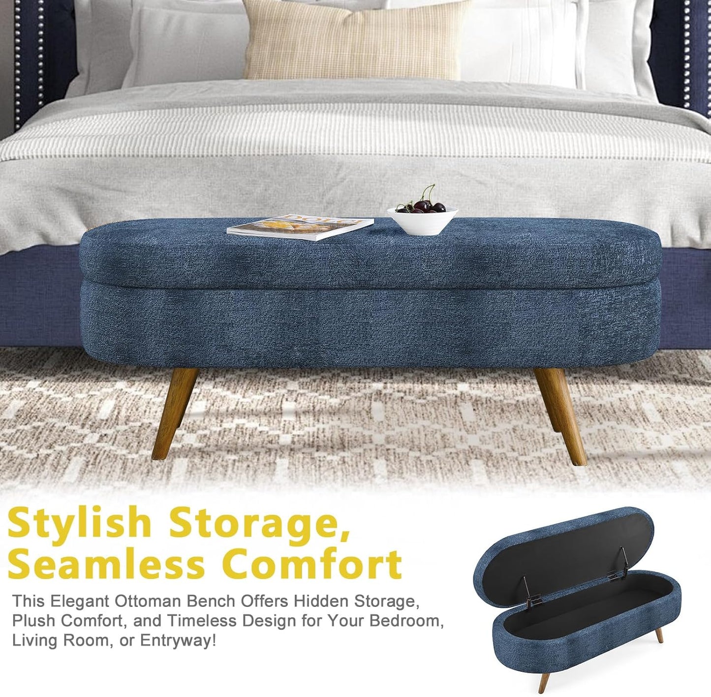 NicBex Ottoman Bench with Storage for Bedroom, 43.5" Upholstered End of Bed Bench with Rubber Wood Legs, Linen Storage Bench for Living Room or Entryway,