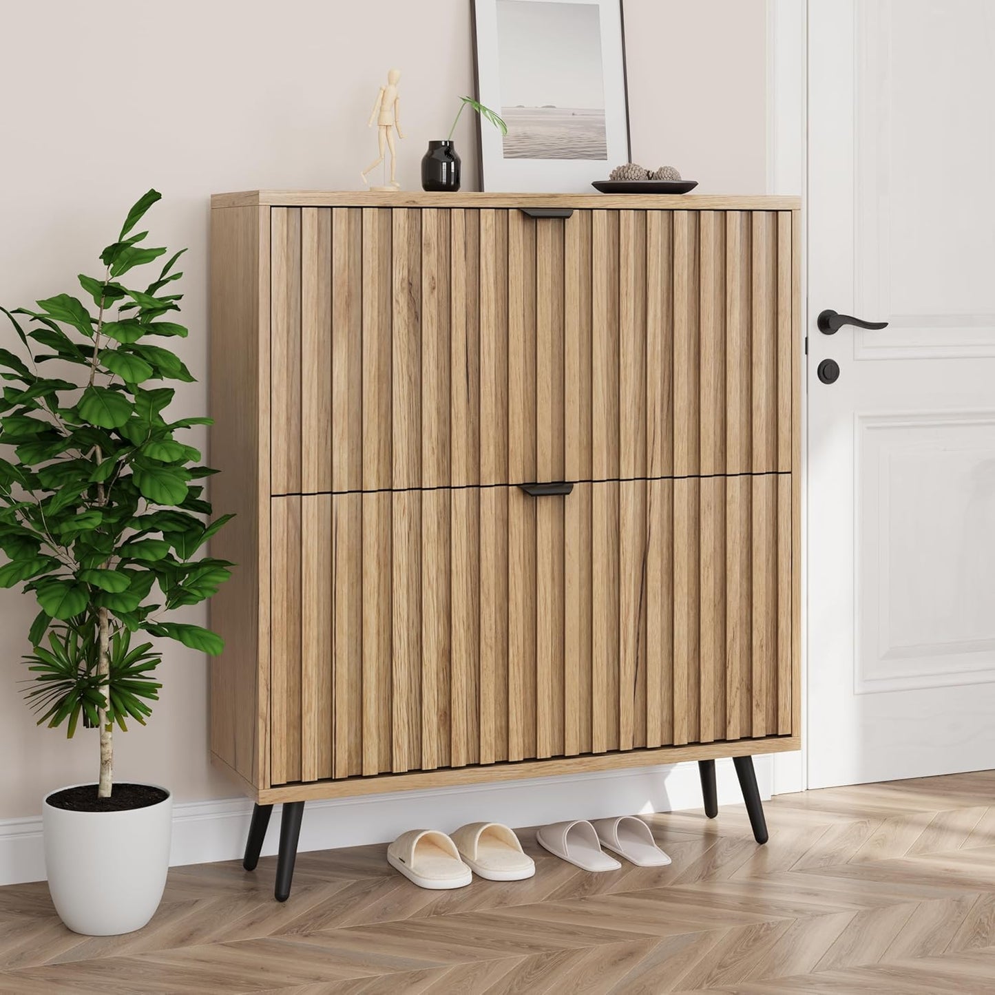 Smuxee Shoe Cabinet with 2 Flip Drawers, 31.5" Natural Hidden Shoe Storage Cabinet with Fluted Design, Freestanding Shoe Organizer Cabinet for Entryway, Hallway, Closet, Living Room