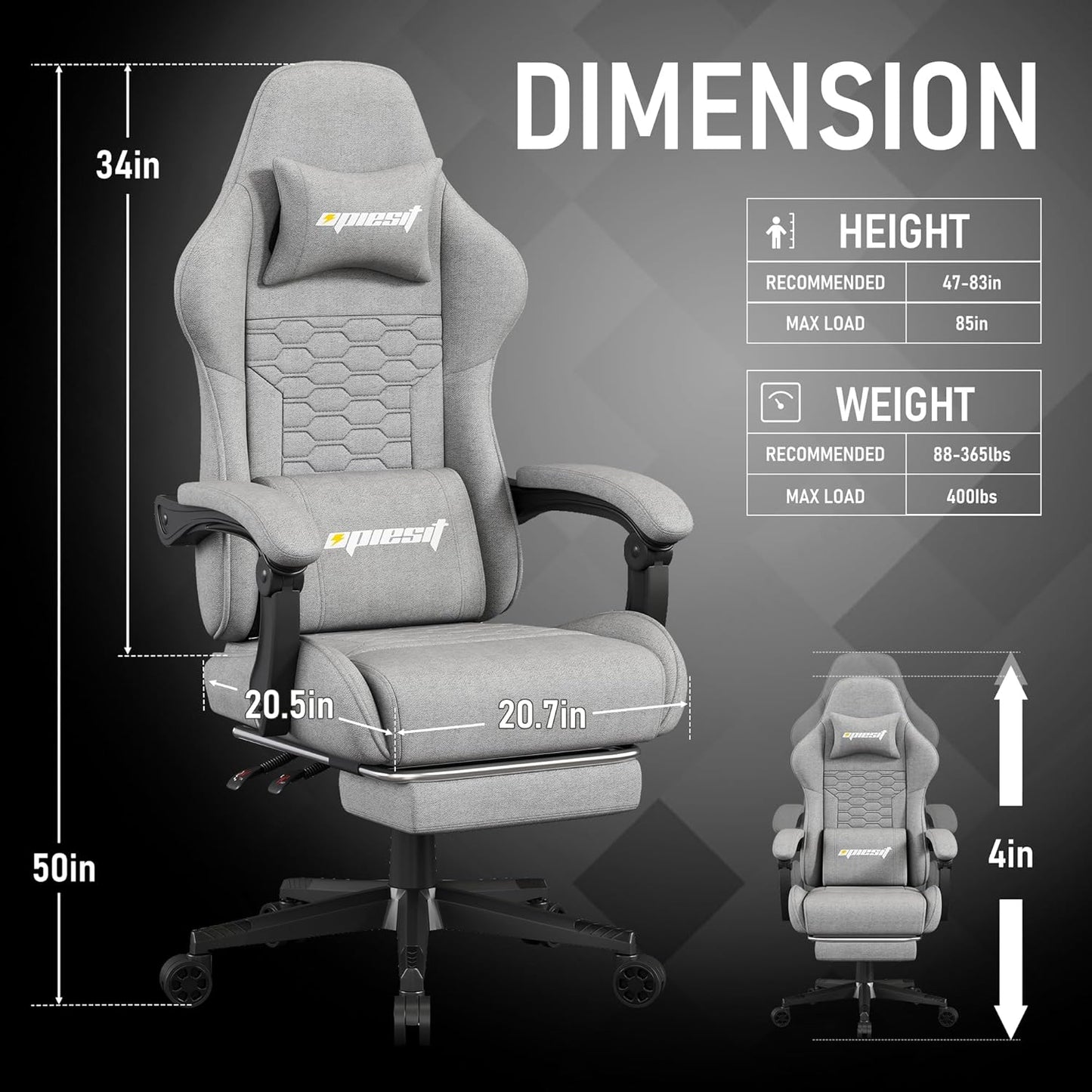 Gaming Chair, Computer Chairs for Adults with Lumbar Support and Massager, Comfortable Gamer Chair with Footrest & Pocket Spring Cushion, Ergonomic Home Office Chair, Grey, Fabric