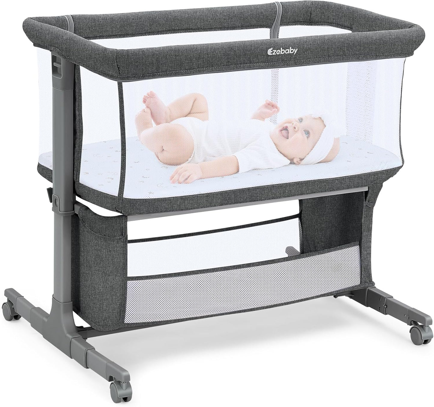Ezebaby Bedside Bassinet for Baby, Portable Baby Bassinet Bedside Sleeper for Newborn Infants with Wheels Storage Basket, Adjustable 7 Heights and All Mesh Sides