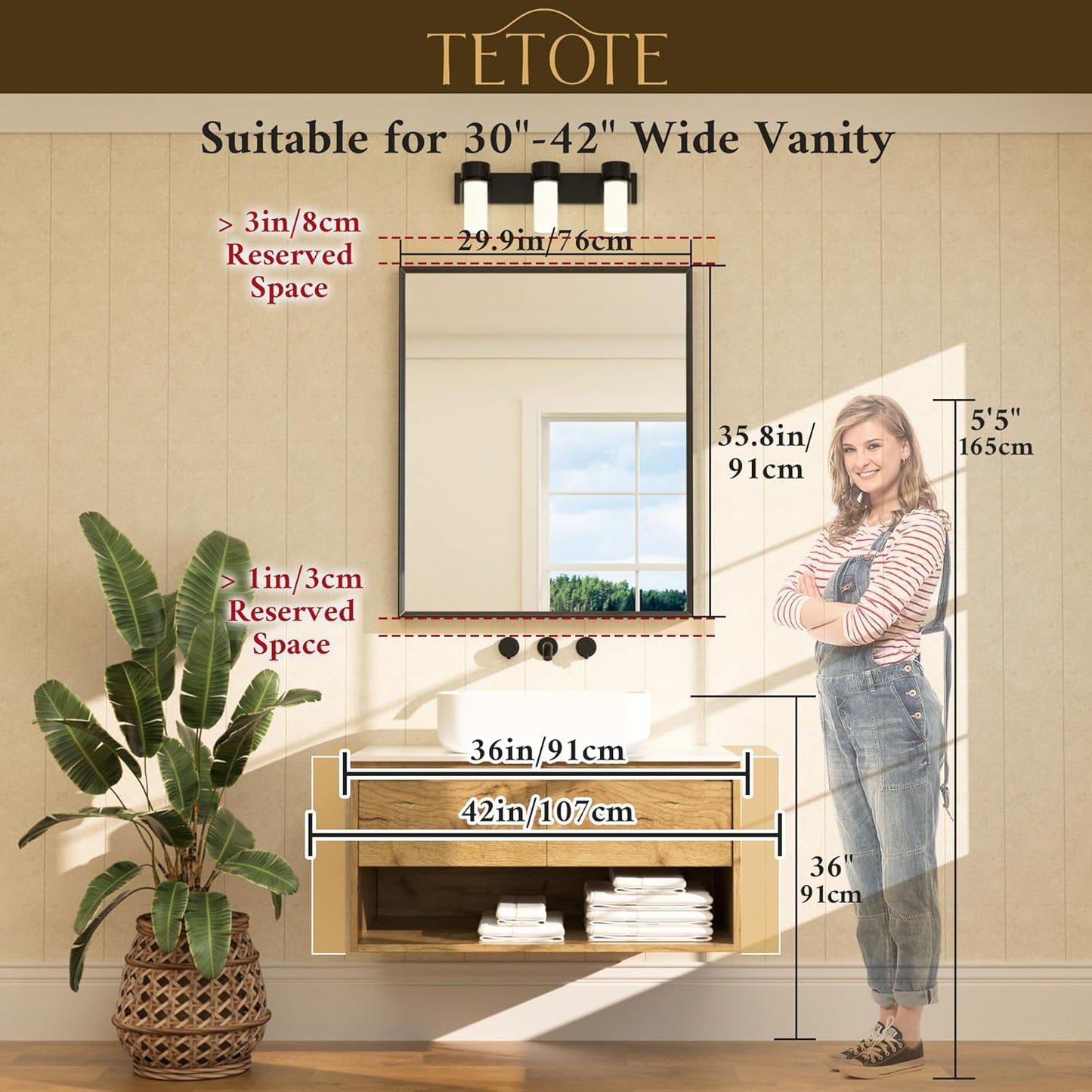 TETOTE Brushed Gold Mirror for Bathroom Sink 30" x 36" Beveled Frame Brushed Gold Brass Vanity Rectangle Mirror for Bathroom Wall, Modern Farmhouse, Tempered Glass, Stronger Frame