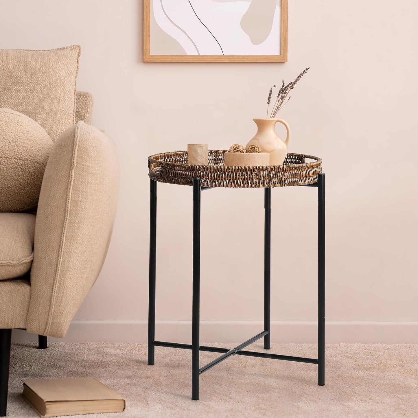 Small Wicker Round End Table, 16.5 in Rattan End Tables with Removable Tray, Waterproof Sofa Coffee Side Table, Indoor Outdoor Side Tables for Patio, Living Room Bedroom Office