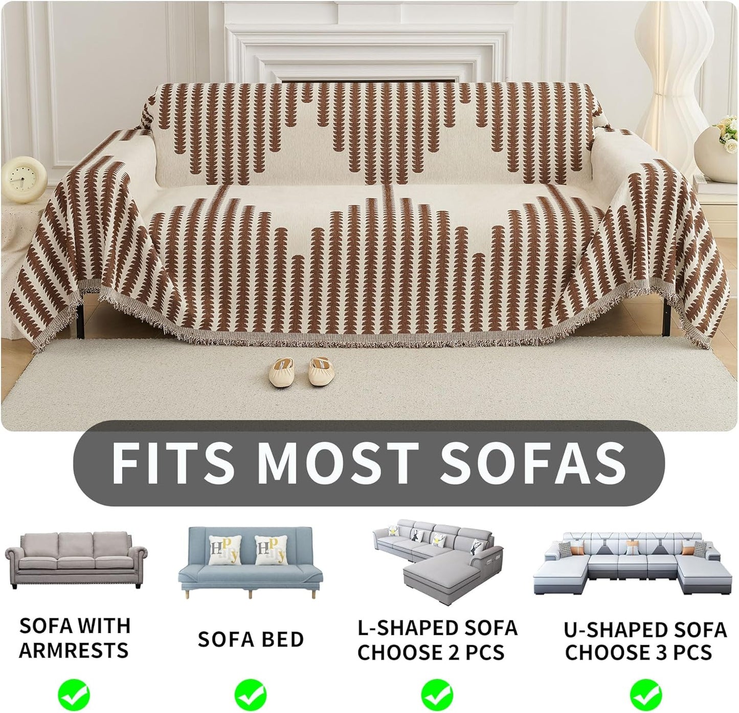 HAOMAIJIA Boho Sofa Covers Couch Covers for 3 Cushion Couch Sofa Pet Friendly Soft Thick Couch Cover for Dogs Washable Sectional Couch Covers L Shape Furniture Protector (Brown, 91"x150")