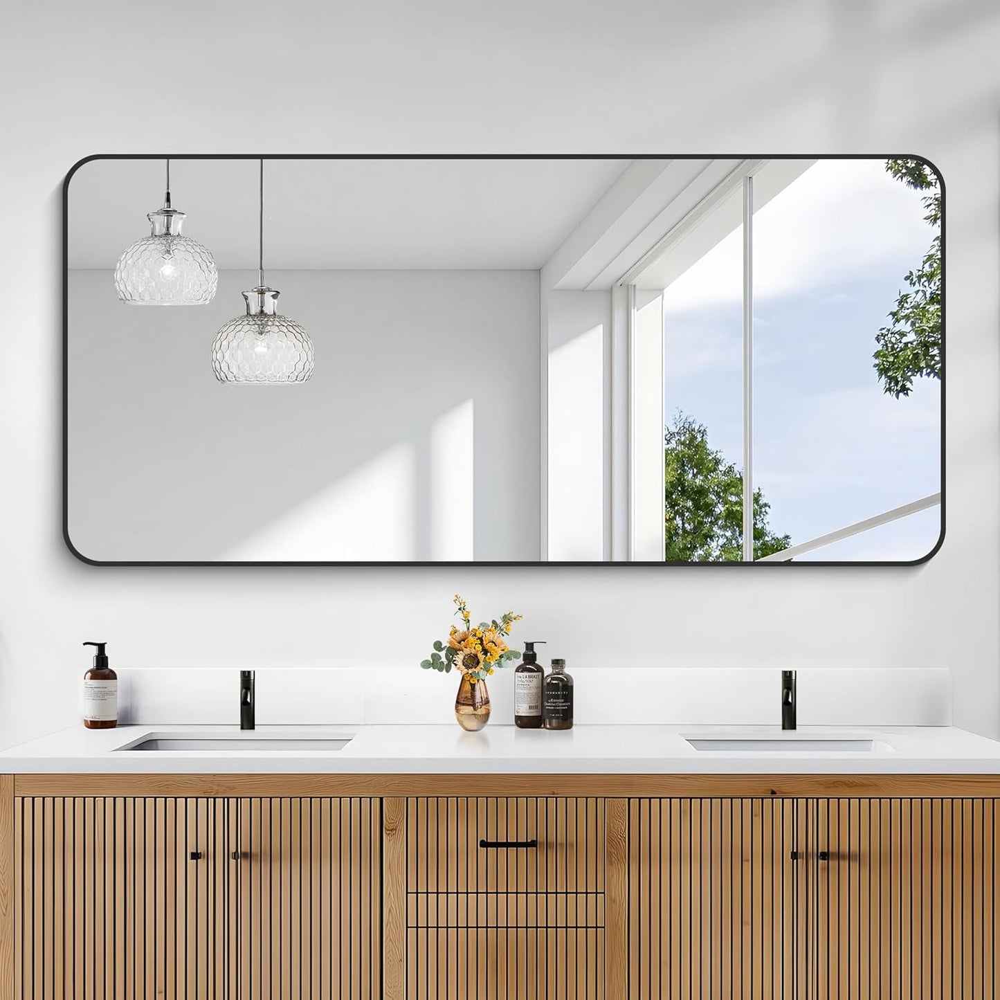 KOCUUY Black Bathroom Mirror 60"x28", Large Vanity Mirror with Rounded Corner, Metal Black Frame with Mordern Design for Bathroom, Living Room, Entryway, Hang Horizontal/Vertical
