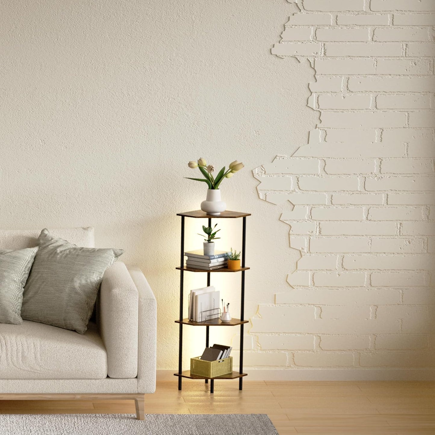 Corner Shelf Stand, Storage Standing Shelf Unit with Metal Frame, Narrow Bookshelf with LED Light Brown Plant Display Stand, Multi Unit Organizer Corner Cabinet for Bedroom, Living Room (4 Tier)