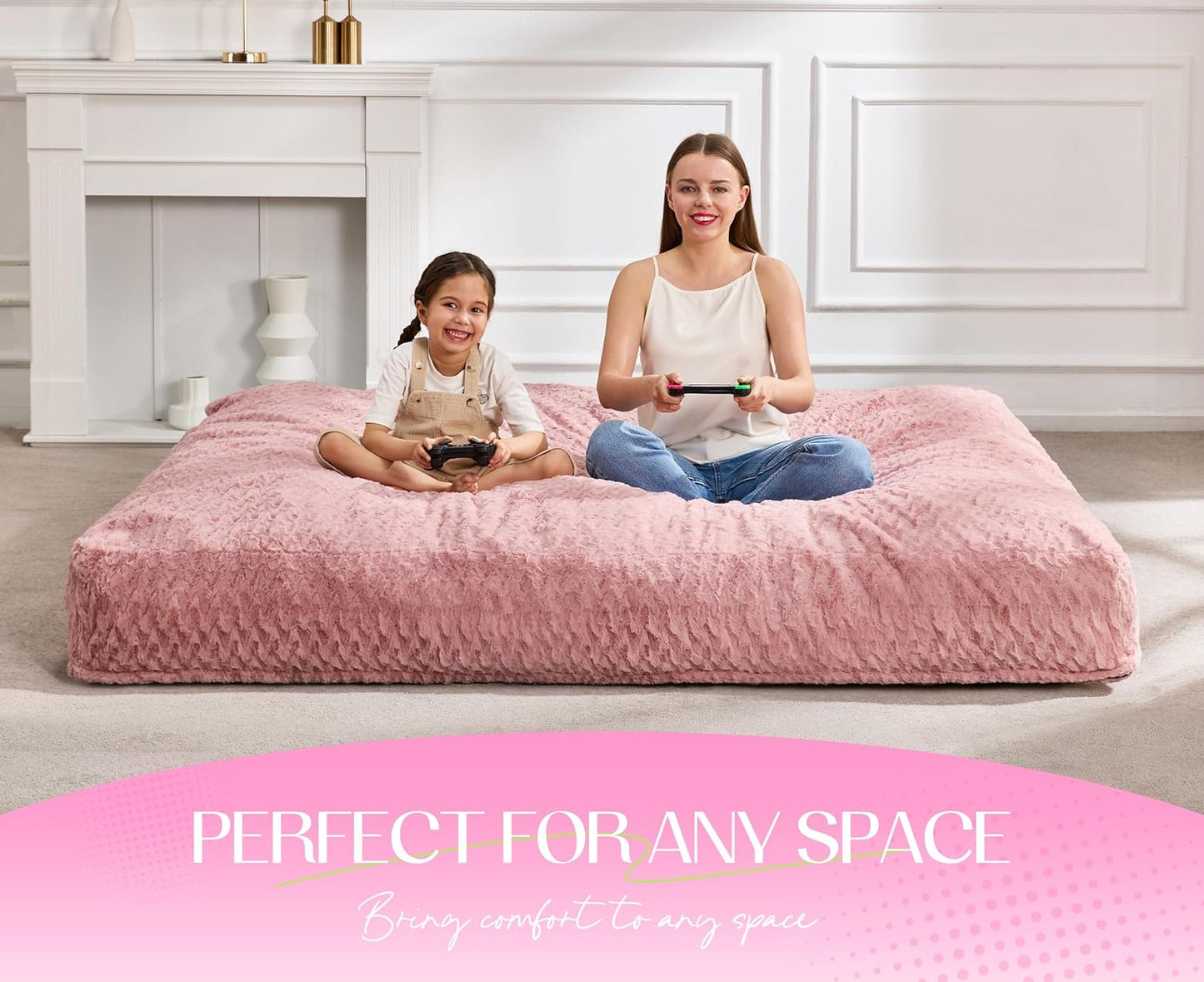 Hobestluk Bean Bag Chair Convertible Beanbag Chairs for Adults, 3 in 1 Bean Bags with Plush Chevron Cover, Adult Bean Bag Chair for Living Room, Bedroom (Pink, Full)