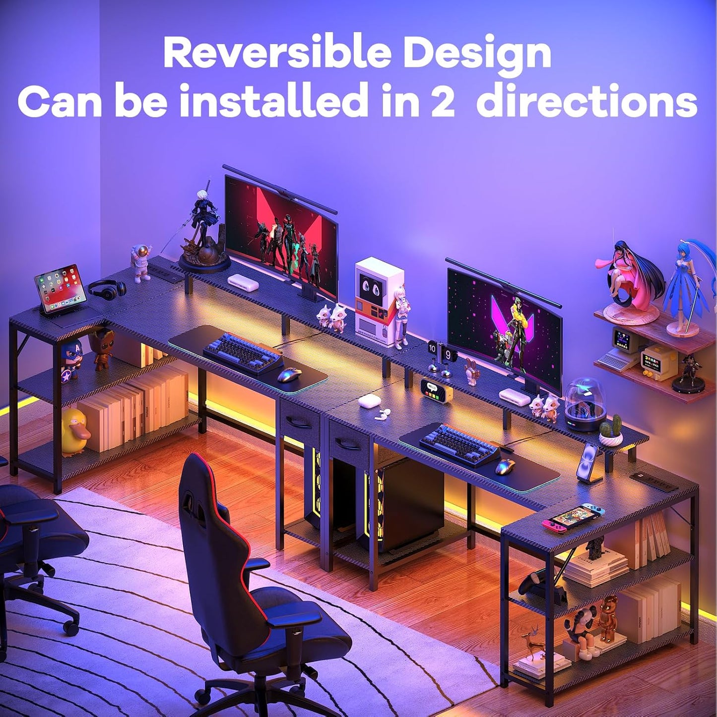 47 inch Gaming Desk with USB Charging Ports and LED Light, Reversible L Shaped Desk, L Shaped Desk with Hook & Monitor Stand, Computer Desk with Drawer and Shelves for Home Office Bedroom