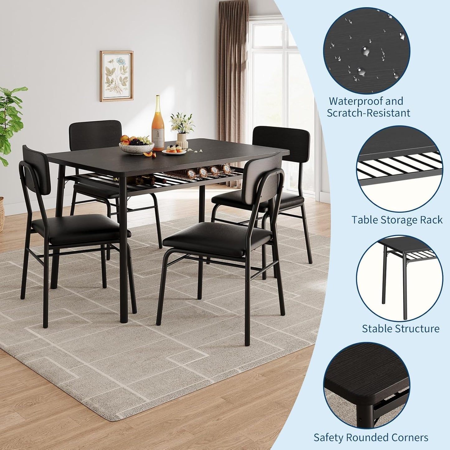 GarveeHome Dining Table Set for 4 with Storage Rack, 5-Piece Kitchen Table and Upholstered Chairs of 4, Wood Tabletop & Heavy-Duty Metel Frame, Dining Room Set for Small Space, Apartment, Black