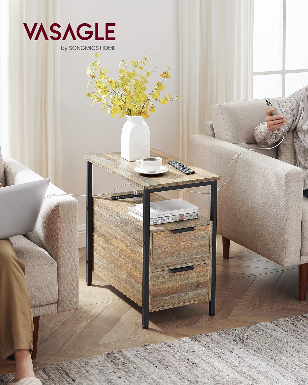 VASAGLE Side Table with Charging Station, Narrow End Table with 2 Drawers, Slim Nightstand and Bedside Table with Storage, for Small Spaces, Oak with Blue Grains and Black ULET321B60