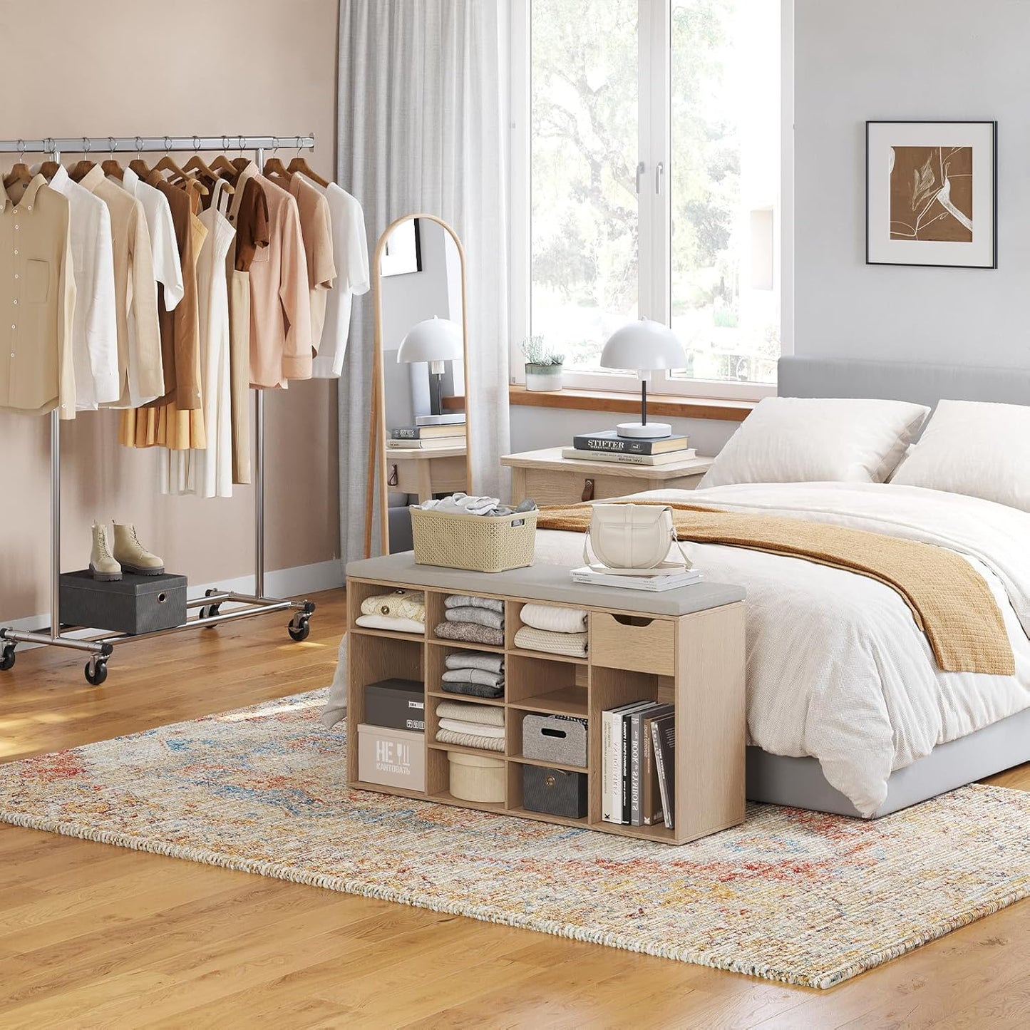 DINZI LVJ Shoe Bench, Entryway Storage Bench with Drawer and 15 Cubbies, Cubby Shoe Rack with Adjustable Shelves, Shoe Organizer Cabinet for Living Room, Bedroom, Mudroom, Closet and Garage, Natural