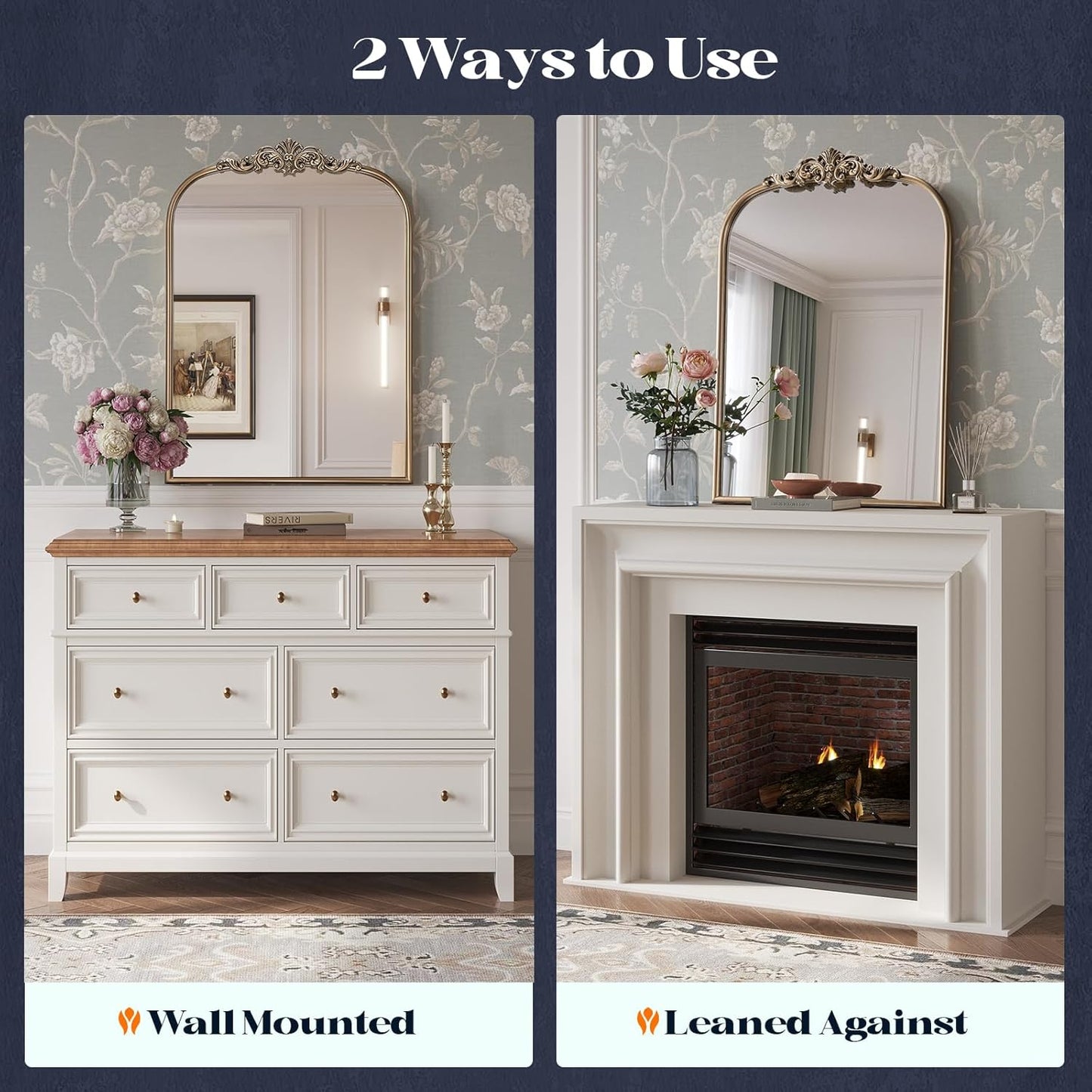 Antique Baroque Gold Mirror, 24” x 36” Vintage Vanity Mirror for Fireplace Mantel, Arch Bathroom Mirror for Wall with Ornate Metal Frame for Entryway Bedroom Living Room