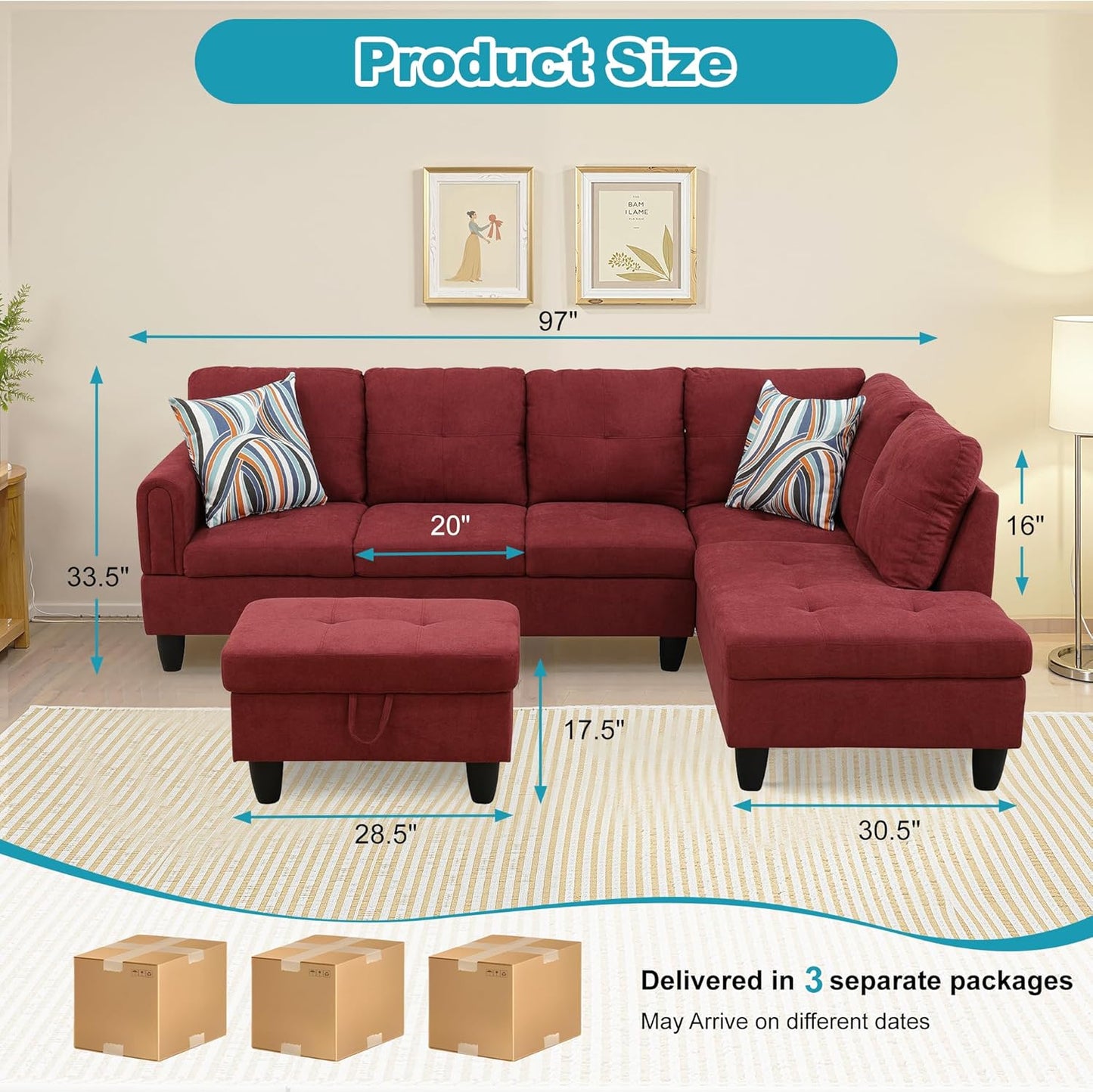 Couches for Living Room Modern L Shaped Couch Comfy Fluffy Fabric 3 Pieces Sectional Sofa with Chaise, Ottoman with Storage for Office and Small Apartment, Red