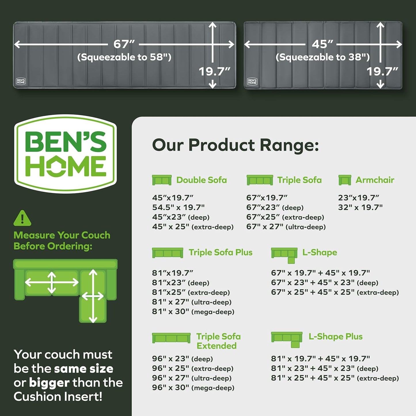 BEN'SHOME® Sectional Couch Cushion Support for fix Sagging Seats - Heavy Duty Solid Wood Sofa Support Board | 67"+45" x 19.7" Under Cushion Insert Set | Non-Slip Furniture Saver | 400 LB Capacity Each