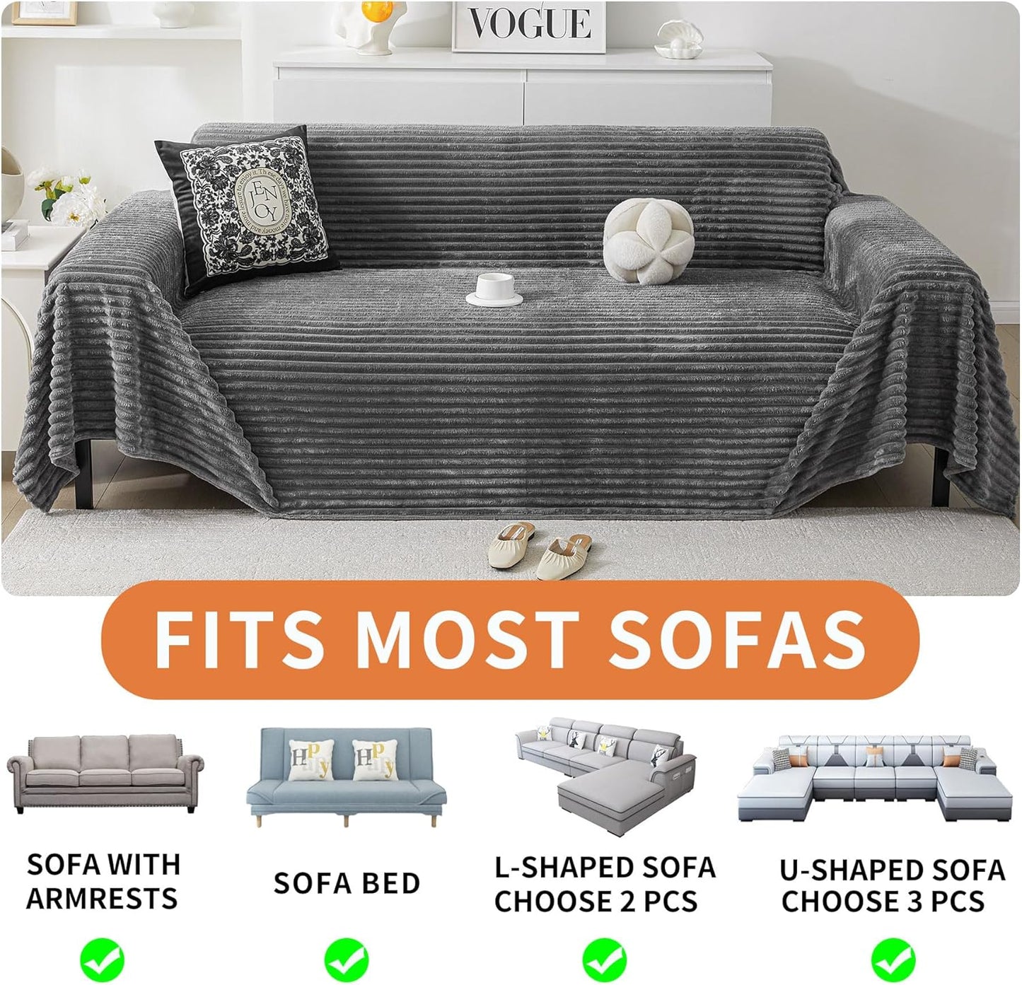 HAOMAIJIA Faux Fur Sofa Covers Couch Covers for 3 Cushion Couch Sofa Pet Friendly Soft Non Slip Couch Cover for Dogs Washable Sectional Couch Covers L Shape Furniture Protector (Grey, 71"x134")