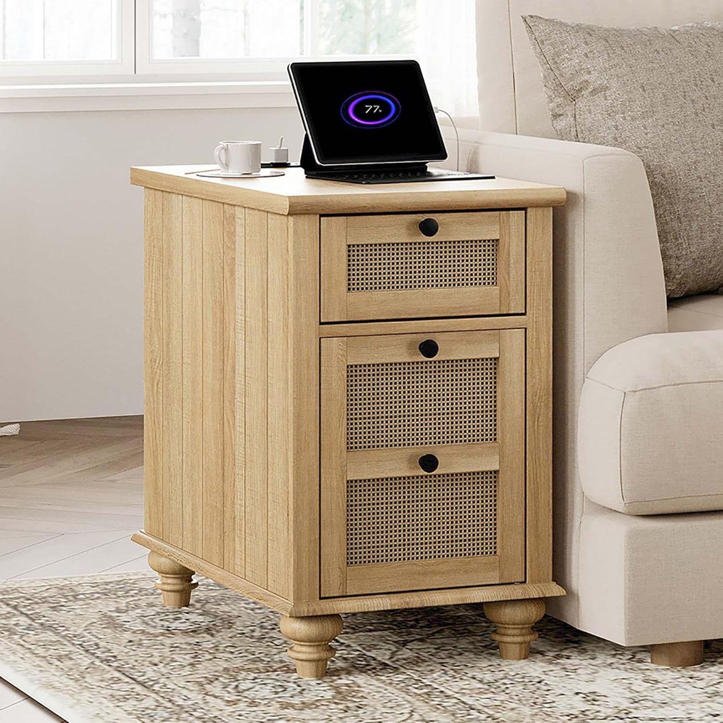 WAMPAT Farmhouse End Table with Charging Station, Rattan Side Table with Drawer & Storage Cabinet, Wooden Oak Nightstand with Power Outlets & USB Ports for Living Room, Bedroom, Burlywood