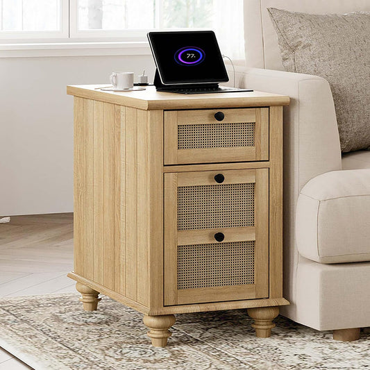 WAMPAT Farmhouse End Table with Charging Station, Rattan Side Table with Drawer & Storage Cabinet, Wooden Oak Nightstand with Power Outlets & USB Ports for Living Room, Bedroom, Burlywood