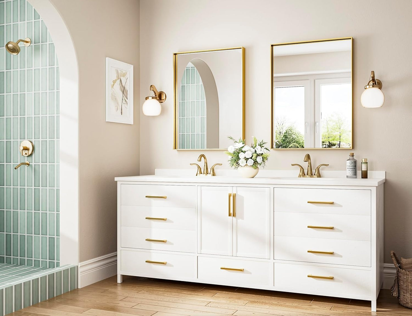 Keonjinn 24 x 32 In Brushed Gold Bathroom Mirror for Over Sink Shiny Gold Rectangle Wall Mirror Metal Framed Rectangular Farmhouse Mirror Modern Square Corner Framed Vanity Mirror(Horizontal/Vertical)