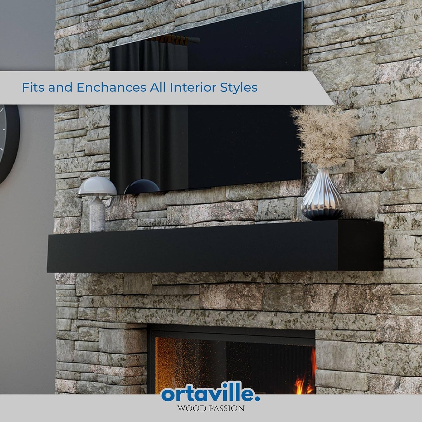60" Floating Mantel Shelf - Modern White Fireplace Mantel with Matte Lacquer Finish for Living Room Elegance (60", Black)
