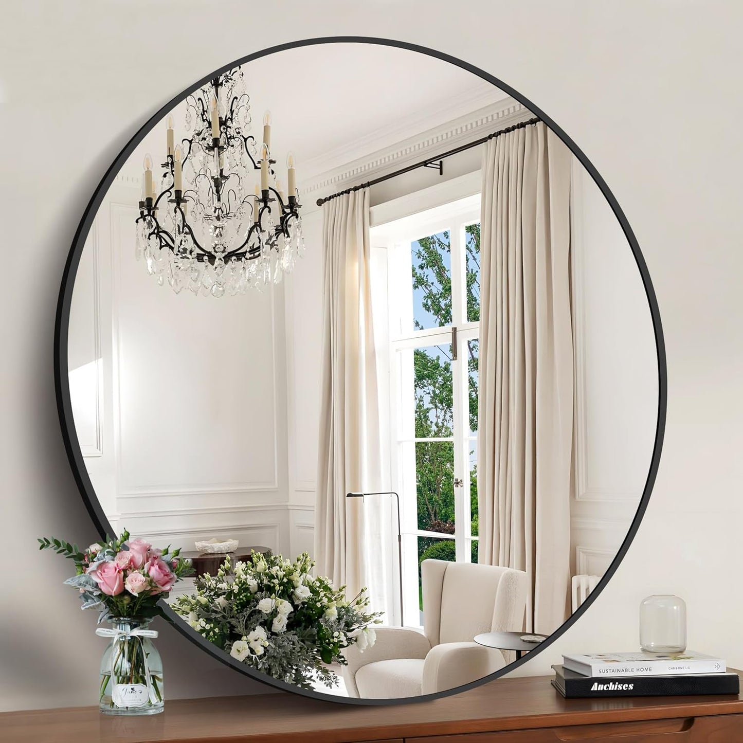 Black 39-Inch Round Mirror - Wall Mounted Aluminum Alloy Metal Frame for Bathroom, Entryway, Living Room, Large Over Sink