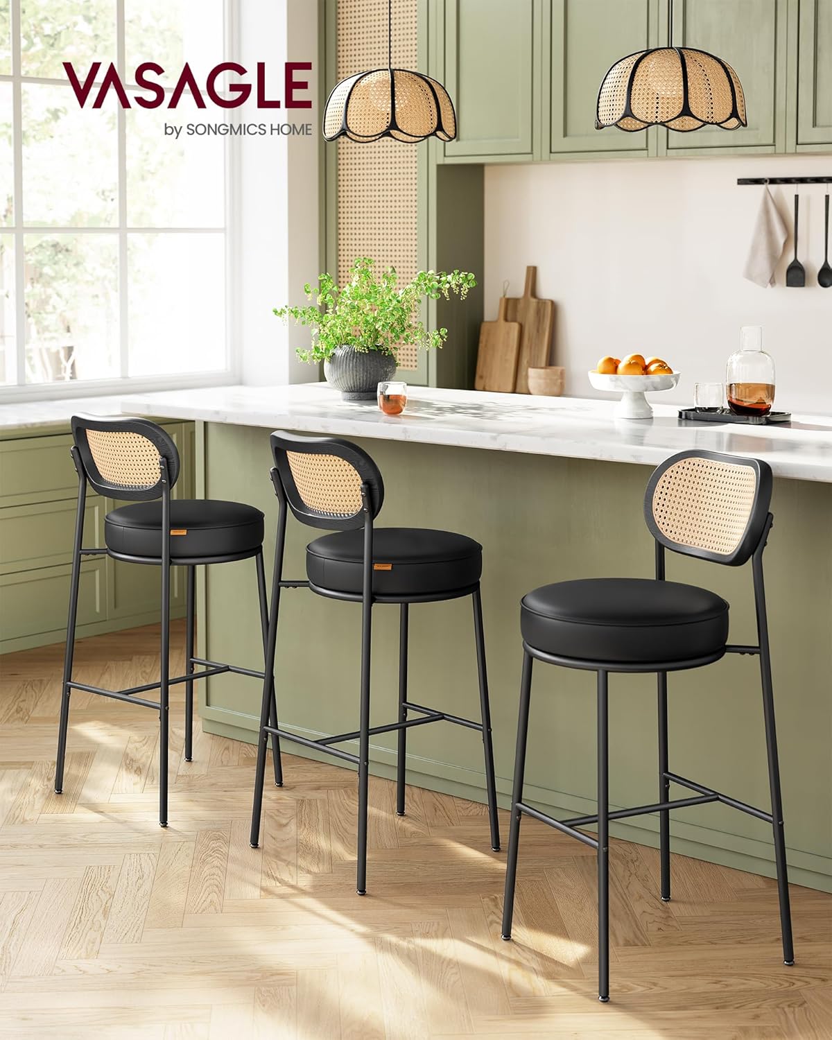 VASAGLE Bar Stools Set of 2, Bar Height Stools with Rattan Back and Metal Legs, 30.1-Inch Tall Counter Chairs, Modern Leather Upholstered Barstools for Kitchen Island Dining Room, Ink Black