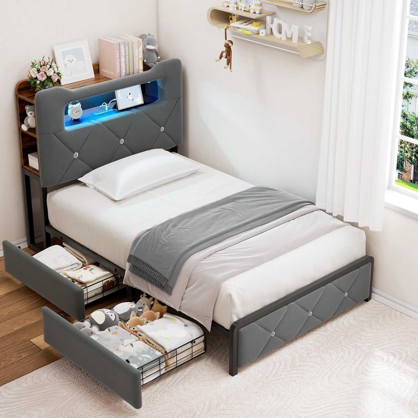 Twin Upholstered LED Bed Frame with 2 Storage Drawers and 2-Tier Storage Bookcase Headboard, Velvet Platform Bed for Kids/Girls/Boys, Corner Bed Frame, Heavy Duty Metal Support, Grey