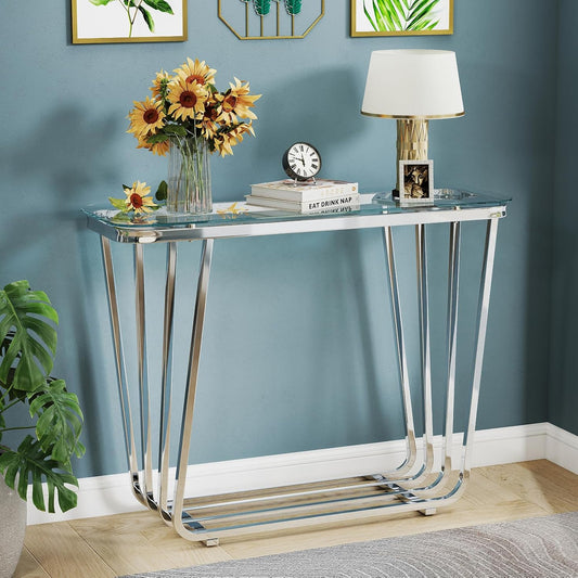 OIOG Glass Console Table for Entryway, Modern Entrance Table with Tempered Glass & Chrome Frame, Silver Sofa Table for Living Room Hallway