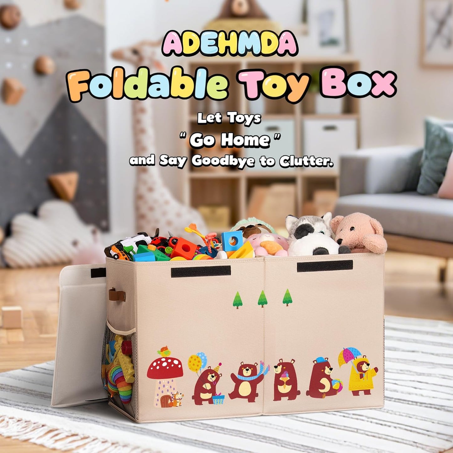 80L Large Toy Storage Box with Lid, Large Toy Box Chest for Kids, Girls and Boys, Nursery Room and Living Room, 26"x13" x16" (Dark Khaki-bear)