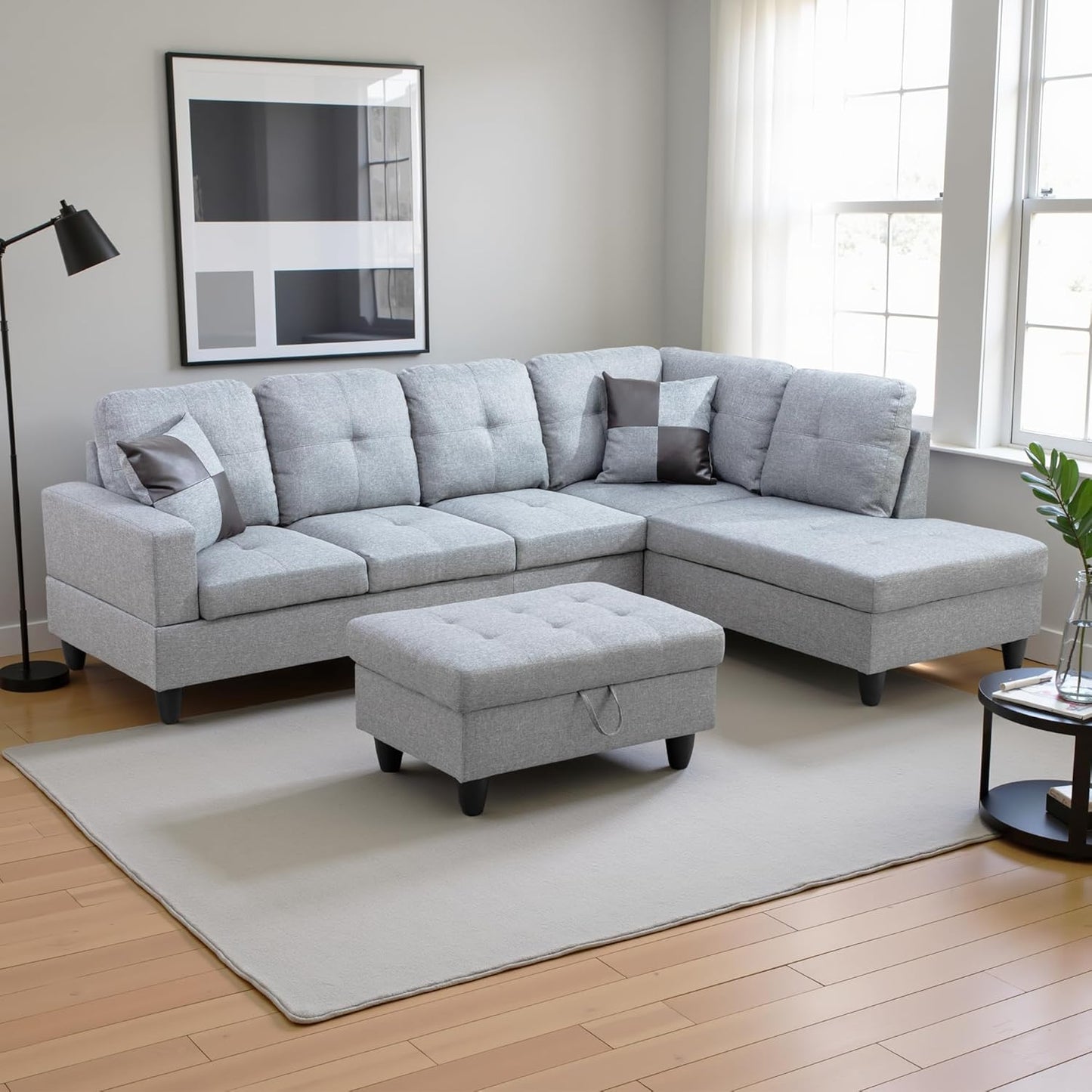 Couches for Living Room Modern L Shaped Couch Comfy Linen Fabric 3 Pieces Sectional Sofa with Chaise, Ottoman with Storage for Office and Small Apartment, Grey