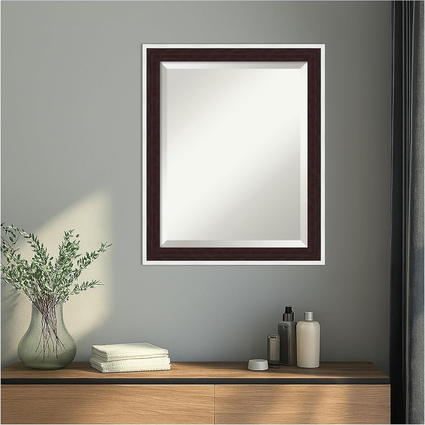 Amanti Art Wall Mirror 23x19 Maya Espresso Silver Rectangle Bathroom Mirror for Wall Decor Living Room, Small Modern Contemporary Frame, Hangs Horizonally and Vertically, Bathroom Decor, Beveled Edge