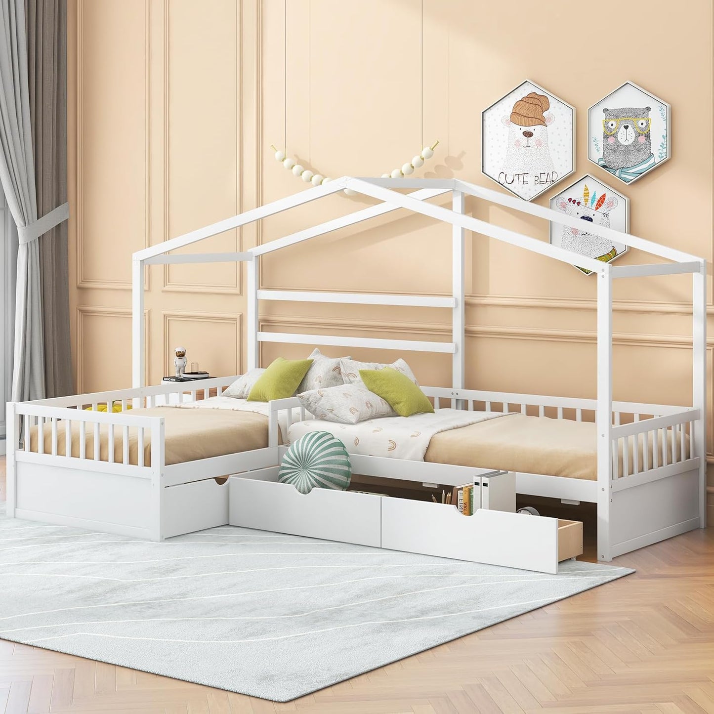 Twin Size House Platform Bed with Three Storage Drawers,Double Shared-Bed,2 in 1 Bed,L-Shaped Platform Bed for Boys Girls Shared Beds,Perfect complement to Any Small Space,White