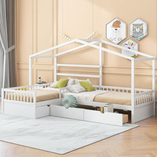Twin Size House Platform Bed with Three Storage Drawers,Double Shared-Bed,2 in 1 Bed,L-Shaped Platform Bed for Boys Girls Shared Beds,Perfect complement to Any Small Space,White