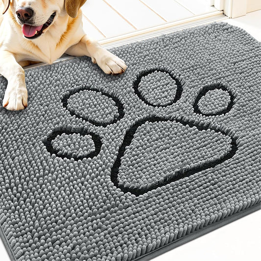 OLANLY Door Mat for Muddy Dog Paws 34x21, Ultra Absorbent Chenille Mud Doormat with Paw Print Design, Non-Slip Washable Doormat for Indoor Entryway, Quick-Dry Pet Bed Mats for Dirty Dogs, Grey