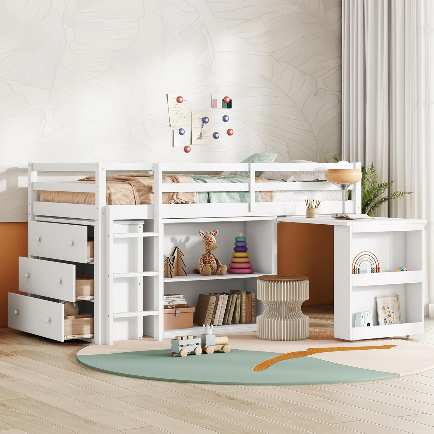 KEIKI Twin Loft Bed with Pull-Out Desk, Drawers & Open Shelves, Wooden Bed Frame with Guardrail, Low Design for Kids, White