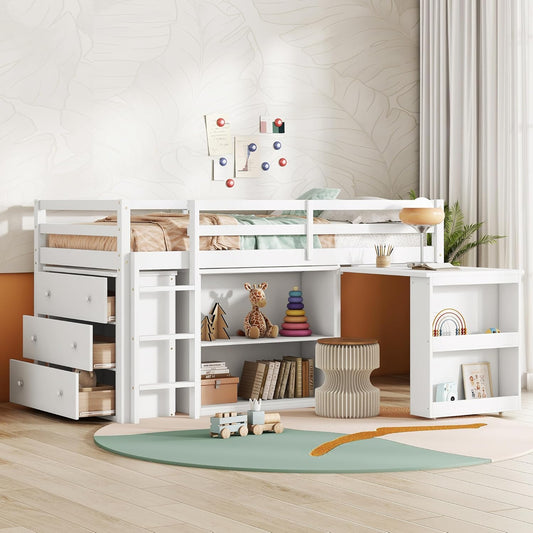 KEIKI Twin Loft Bed with Pull-Out Desk, Drawers & Open Shelves, Wooden Bed Frame with Guardrail, Low Design for Kids, White