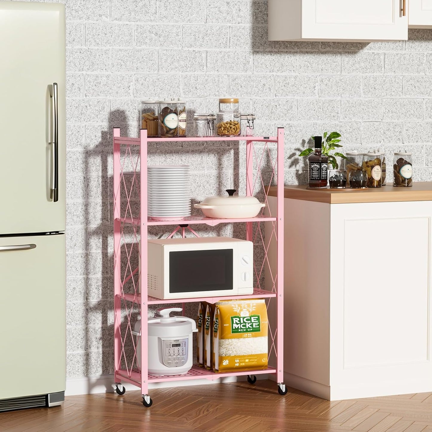 ALANNG Storage Shelves with Wheels, Bookshelf with Storage, No Assembly Metal Rack Shelf for Kitchen, Office, Laundry, Garage (4 Tier, Pink)