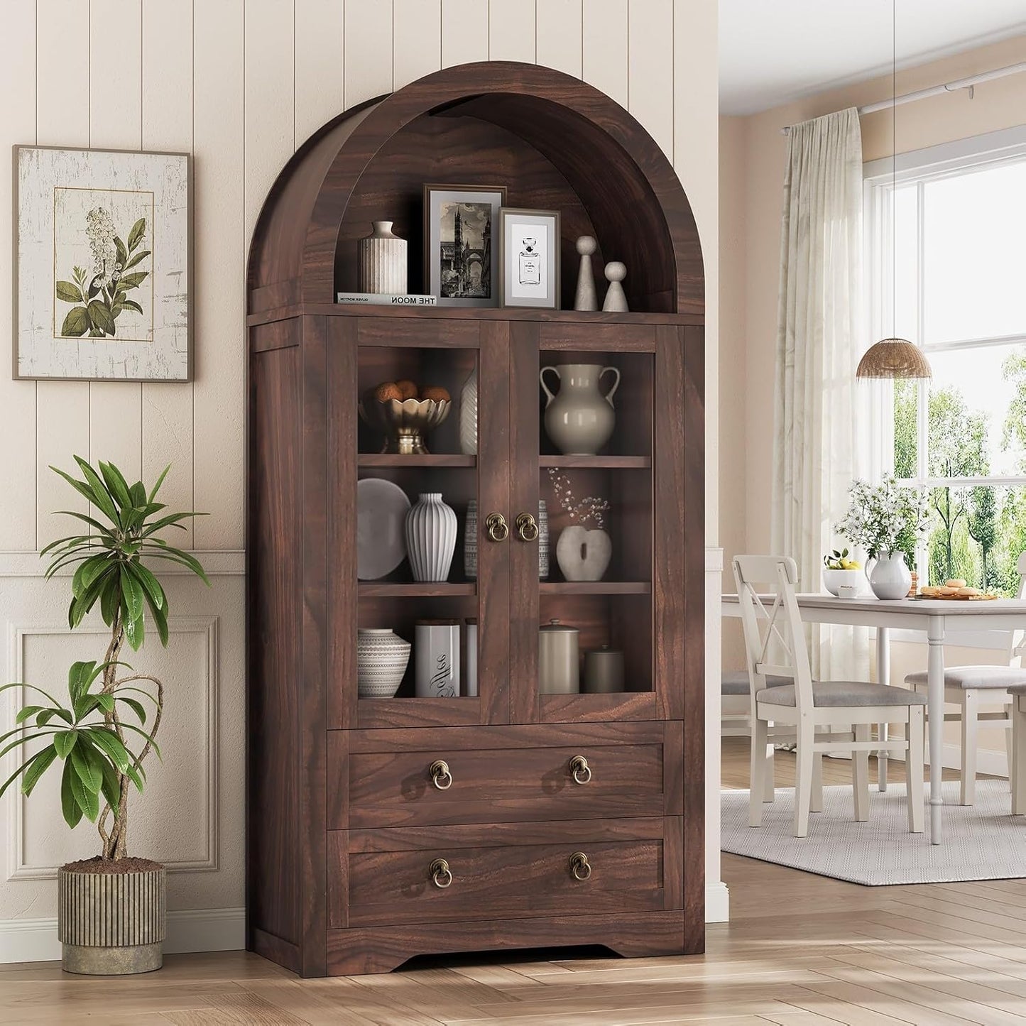 Kitchen Pantry Cabinet, Arched Bookshelf Bookcase China Pantry Storage Cabinet with Drawers Doors and Shelves,71“ Tall Food Pantry Funiture for Living Room,Dining Room (Brown)