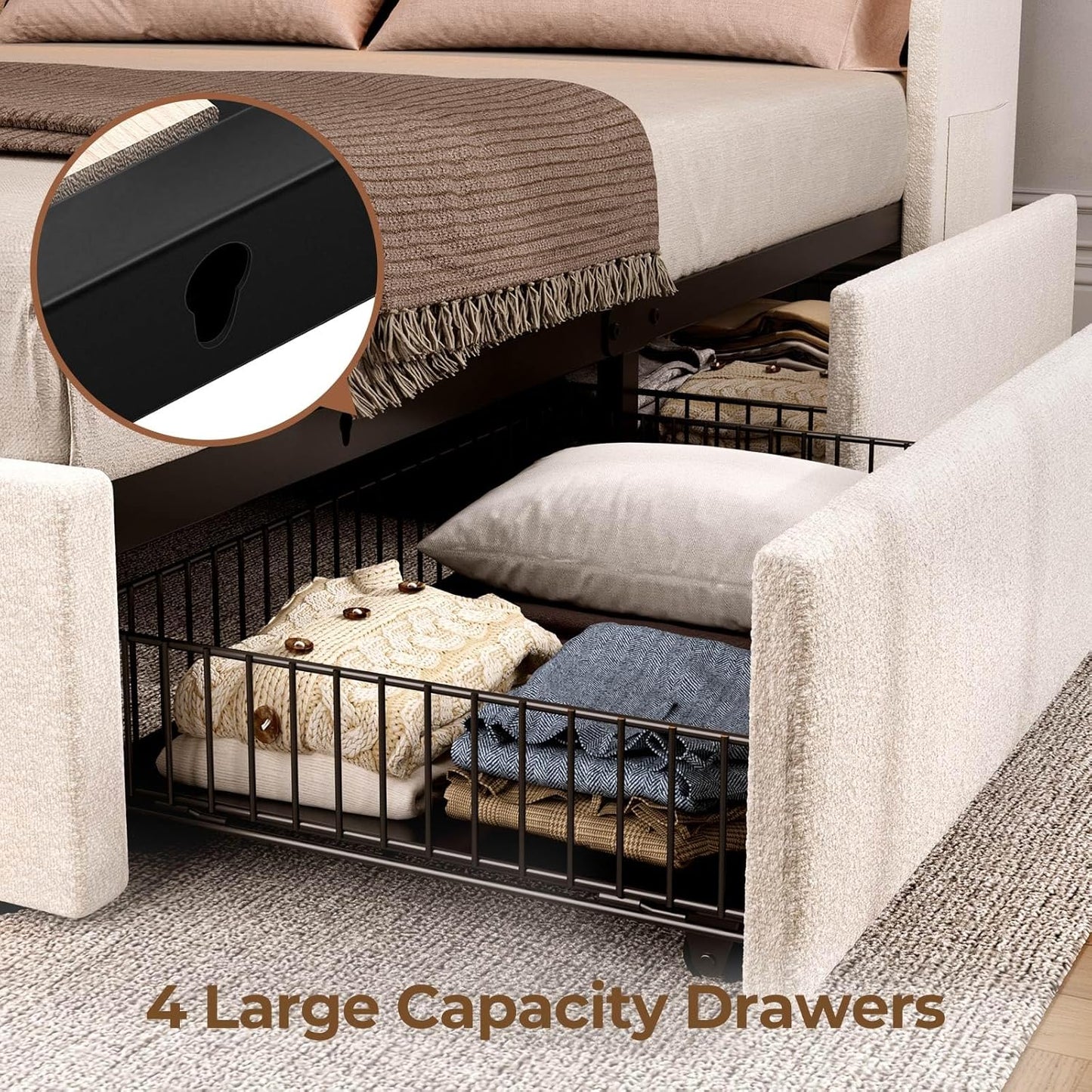 Rolanstar Full Size Bed Frame with 4 Storage Drawers and Charging Station, Full Bed with Led Lights, 2 USB & 1 Type C, Adjustable Headboard 38.9/40.10 Inches, No Box Spring Needed, White