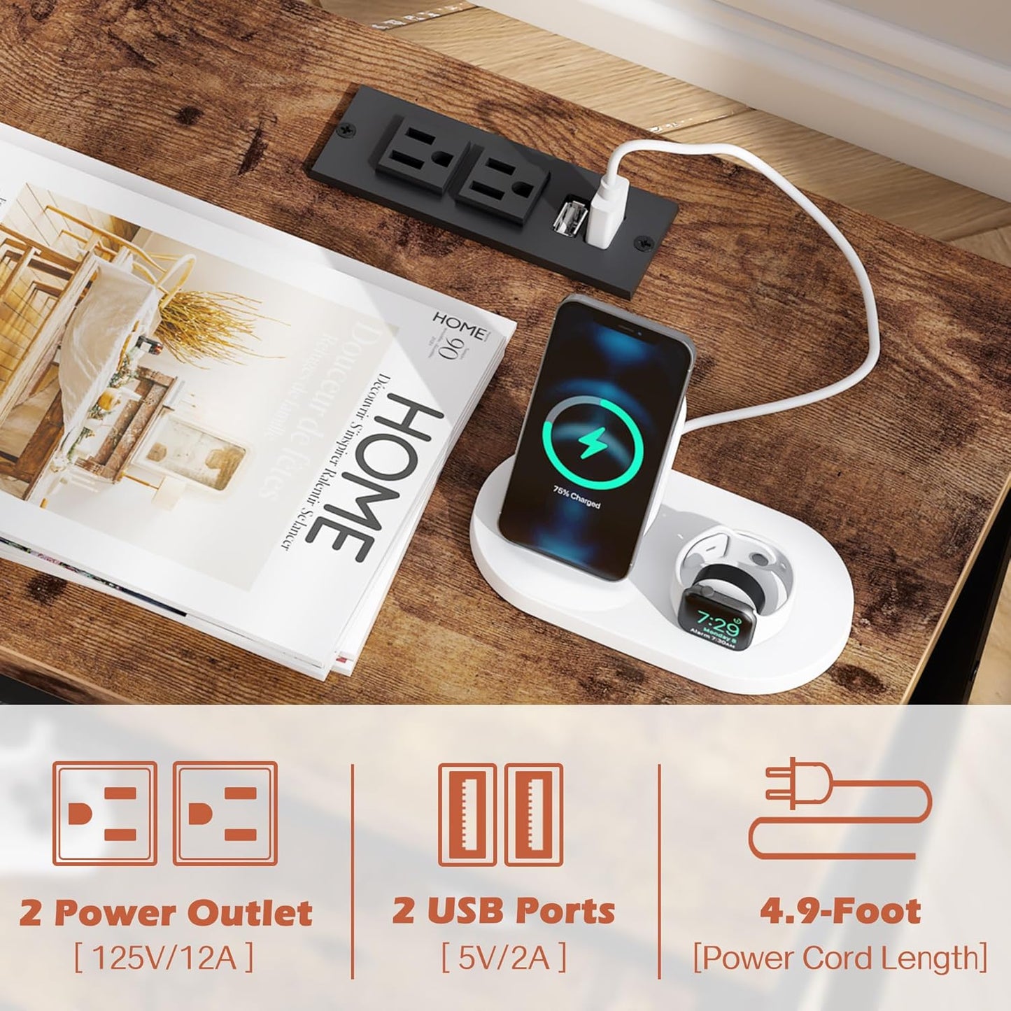 SUPERJARE Nightstand Set of 2, Bed Side Tables with Charging Station, Adjustable Fabric Drawer, Night Stand for Bedroom, 3-Tier Storage End Tables, for Living Room, Rustic Brown