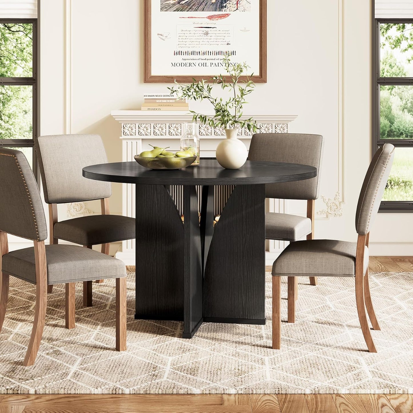 LITTLE TREE 39-Inch Dining Table for 4, Rustic Kitchen Table, Round Dining Table with X-Shaped Stable Pedestal, Farmhouse Dinner Table for Dining Room, Living Room, Black