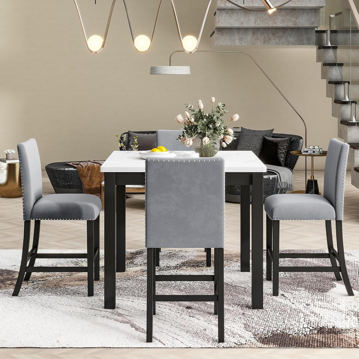 Ball & Cast 5 Piece Dining Table Set with 4 Velvet-Upholstered Chairs,Living Room Furniture W/ 35" Rectangle Faux Marble Top Table,for Restaurant,Home Bistro,Grey
