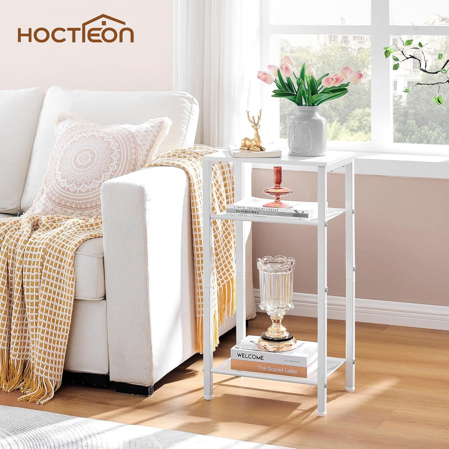 Hoctieon 2-Set 3 Tier End Table, Telephone Table Set of 2, Tall Side Table with Storage Set of 2, Small Nightstand for Small Spaces, Metal Frame, White