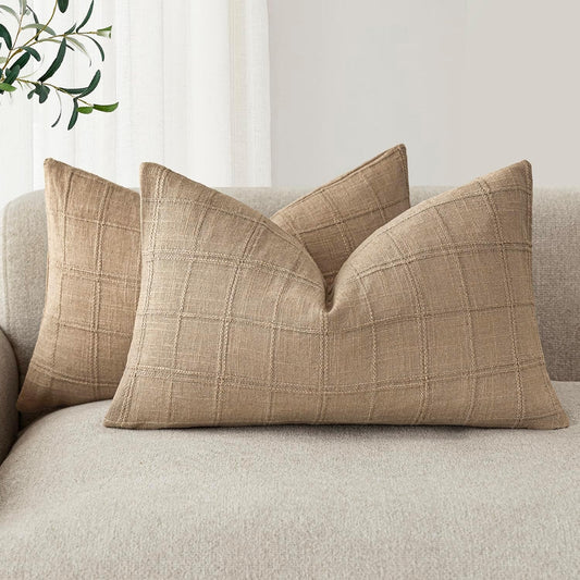 Foindtower Set of 2 Decorative Linen Check Throw Pillow Covers Neutral Farmhouse Lumbar Cushion Covers Modern Coastal Boho Home Decor for Sofa Chair Couch Bedroom Living Room Outdoor,12×20 Inch,Camel