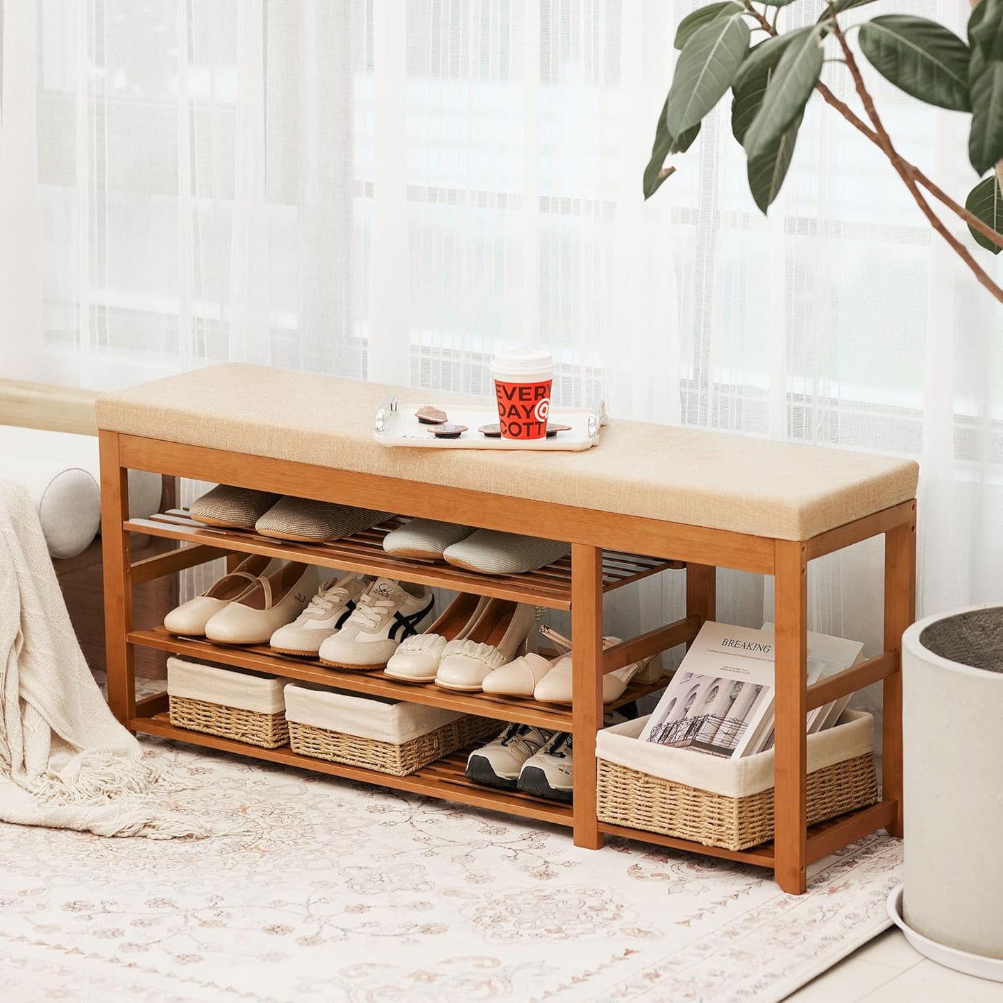 47.2 in Shoe Rack Bench with Cushion, 3 Tier Bamboo Entryway Bench with Storage for Entryway, Hallway, Bedroom, Living Room