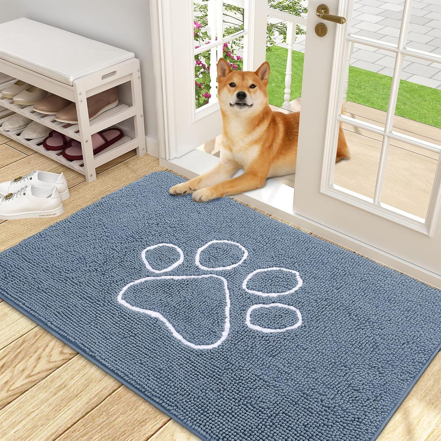 OLANLY Door Mat for Muddy Dog Paws 48x30, Absorbent Chenille Doormat with Paw Print Design, Non-Slip Washable Doormat for Indoor Entryway, Quick-Dry Pet Bed Mats for Dirty Dogs, Airy Blue and White