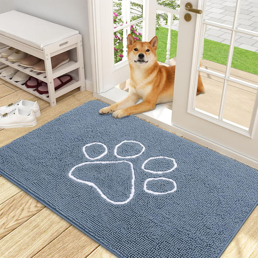 OLANLY Door Mat for Muddy Dog Paws 48x30, Absorbent Chenille Doormat with Paw Print Design, Non-Slip Washable Doormat for Indoor Entryway, Quick-Dry Pet Bed Mats for Dirty Dogs, Airy Blue and White