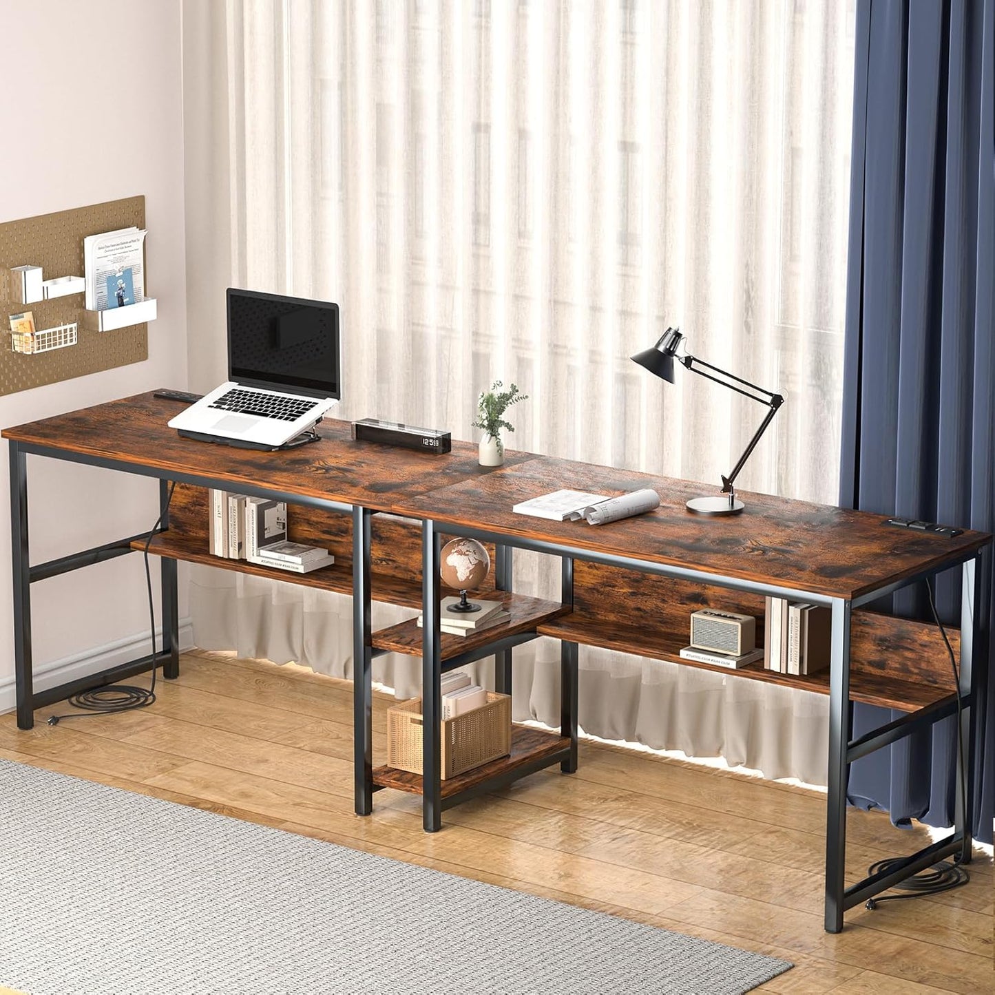 78.74" Two Person Desk with 2 Power Strips, Double Desk with Shelves, Long Computer Desk for Two People, Wood Writing Desk Workstation for Home Office, 23.62"D x 78.74"W x 29.52"H, Rustic Brown