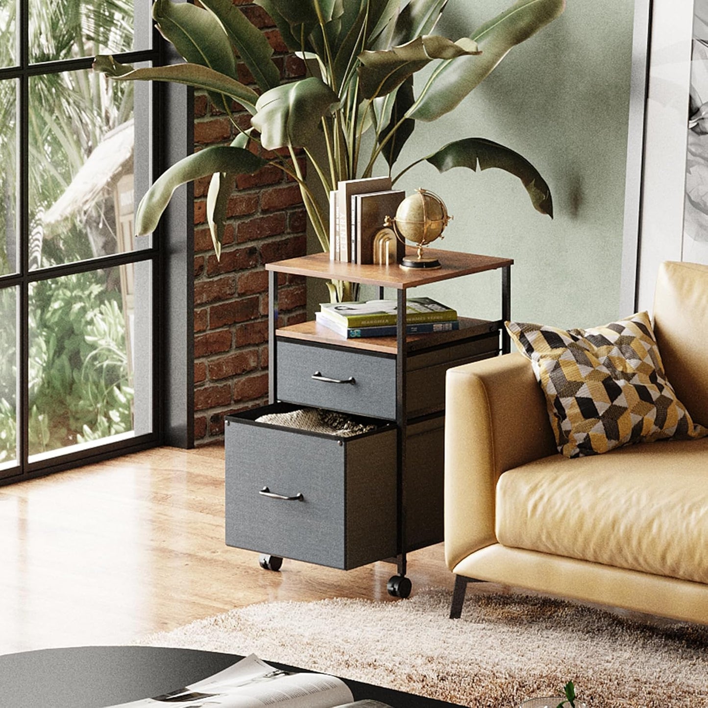 DEVAISE 2 Drawer Mobile File Cabinet, Rolling Printer Stand with Open Storage Shelf, Fabric Vertical Filing Cabinet fits A4 or Letter Size for Home Office, Rustic Brown